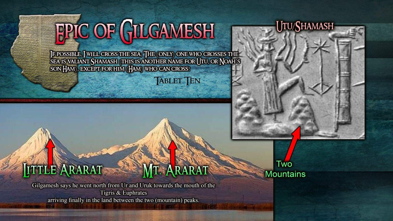 Epic of Gilgamesh and Mount Ararat with the twin peaks and a cuneiform tablet - Tower of Babel article