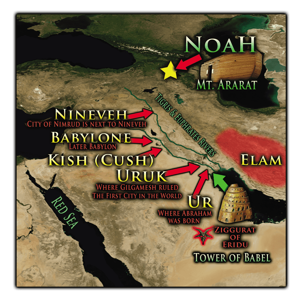 Map of Sumer with Mount Ararat, Nineveh, Babylon, Kish, Uruk, Ur and Elam - Tower of Babel article