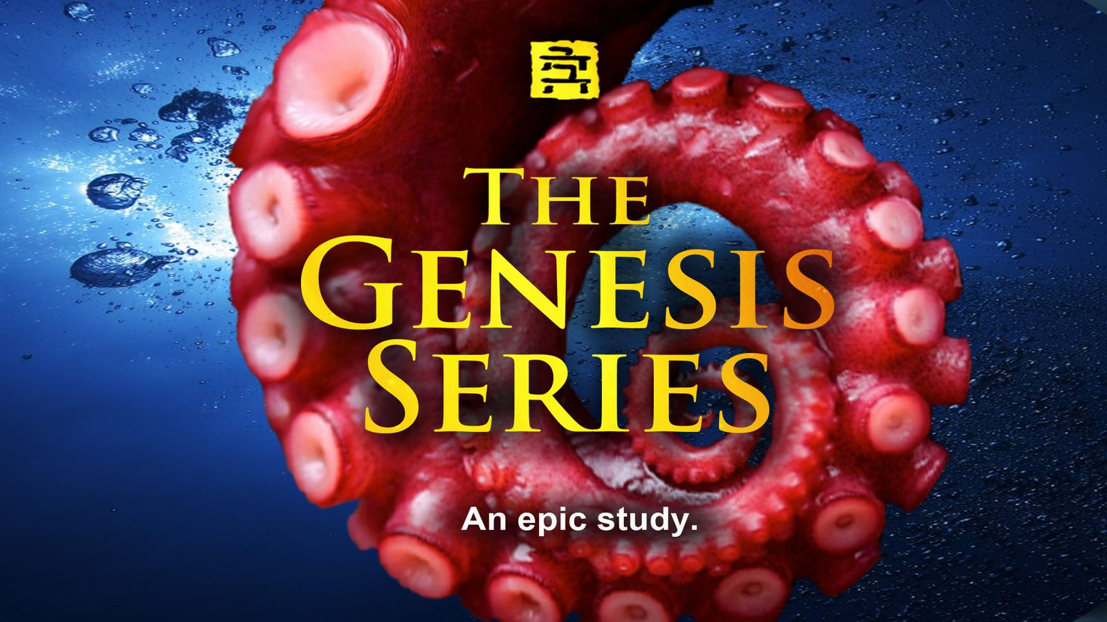 The Genesis Series, an epic study: gold title over a red tentacle in deep blue water